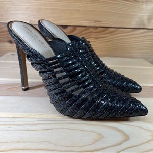 Kenneth Cole NY Black High Heel Fisher Mule 7.5M Croc Riley Strappy Faux Leather